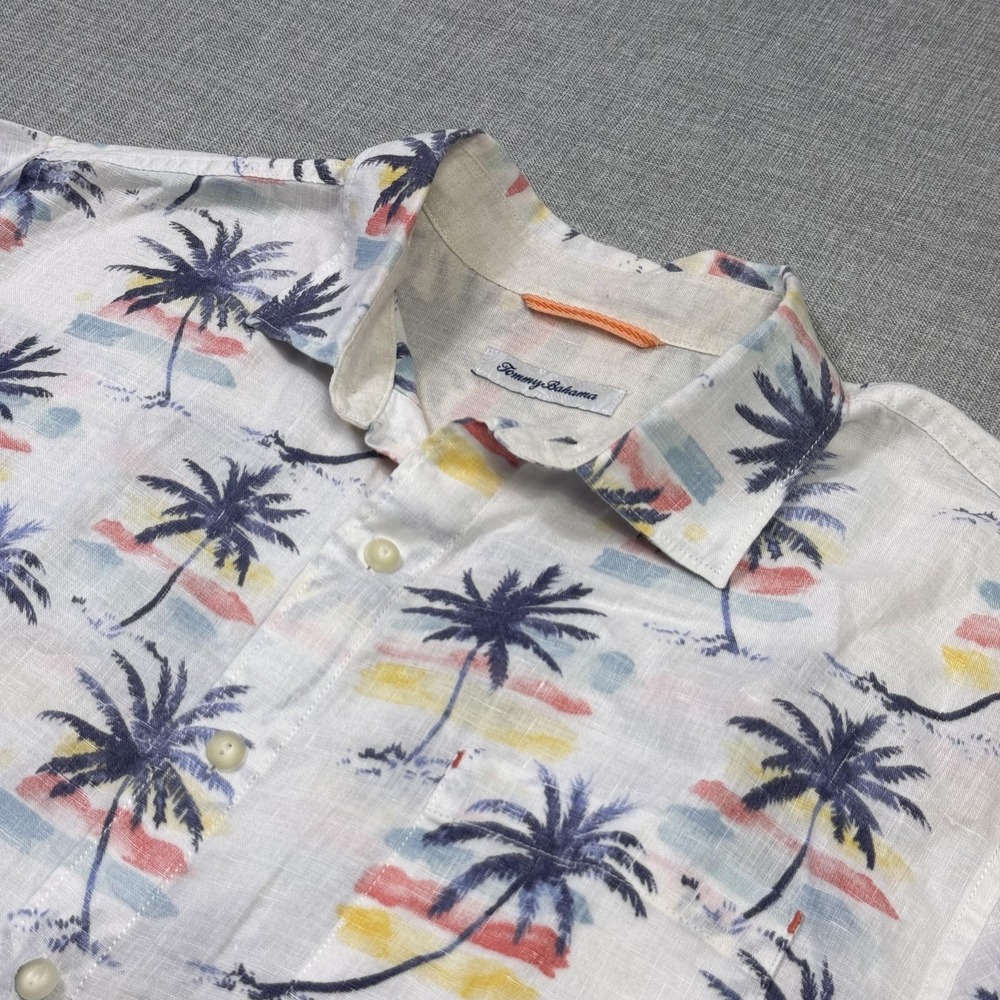 Tommy Bahama Linen Button-Up Shirt Mens L White Palm Tree Short‎ Sleeve